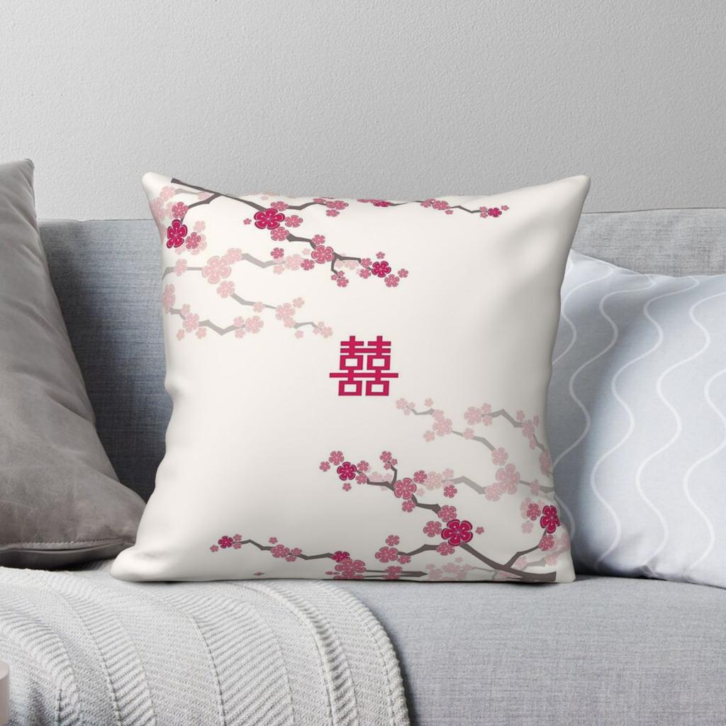 Cherry Blossoms Wedding Double Happiness Square Pillowcase Polyester Linen Velvet Printed Decor Pillow Case Car Cushion Cover