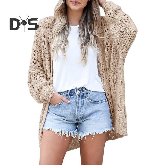 Women Knitted Coat Hollow Out Loose Long Sleeve Pure Color Knitwear Cardigan Mid Length Loose Elastic Spring Autumn Jacket