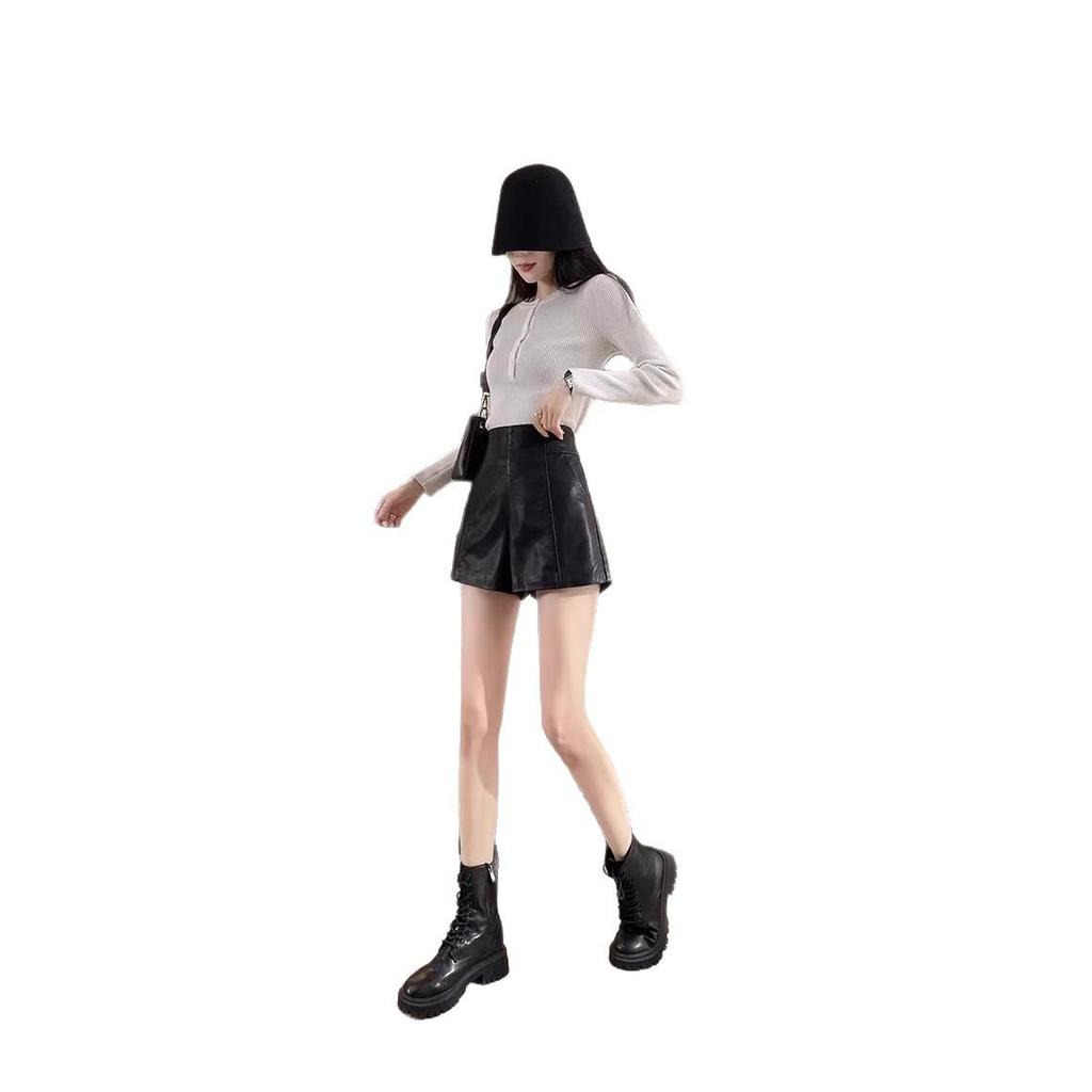High-Waisted Leather Shorts for Women - 2026 New Style A-Line Slim Fit PU Wide-Leg Bootcut (Autumn/Winter) In Black
