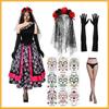 Day of The Deads Costume Sugar Skull Costume Flower Headbands Fishnet Thigh High Socks Gloves Roses Temporary Tattooed