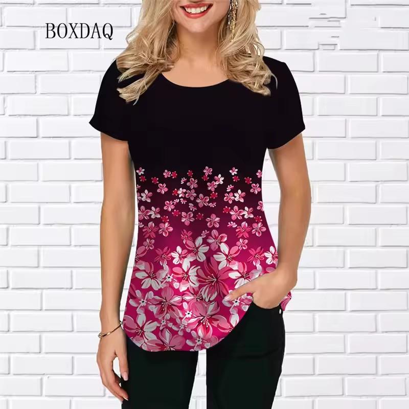 

Женские футболки с цветочным принтом, летние повседневные женские футболки с короткими рукавами и круглым вырезом, уличная одежда с цветочным 3D принтом, женские топы, футболки больших размеров 6XL