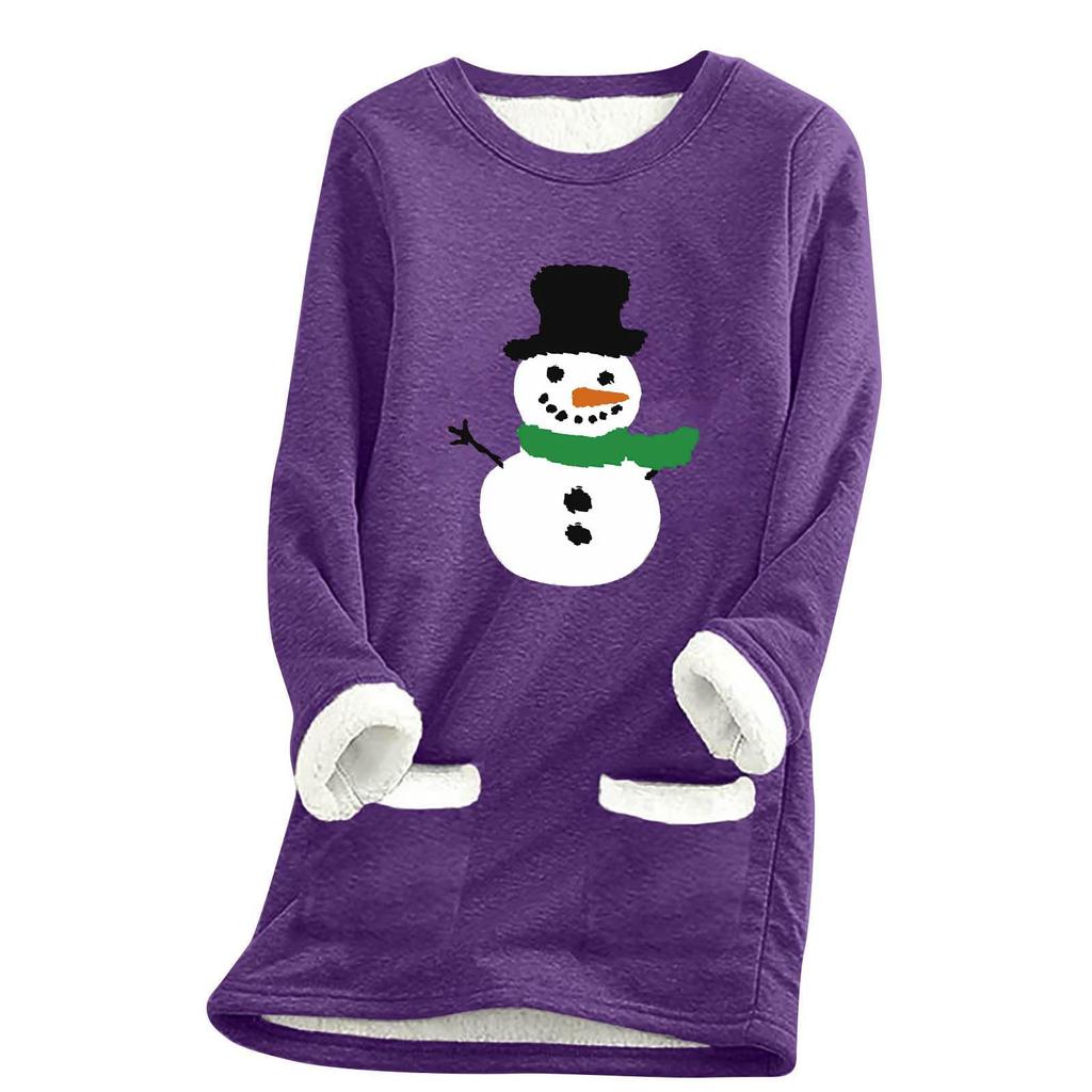 Ladies' Loose And Comfortable Round Neck Christmas Print Thick With Pockets Long Sleeved Top