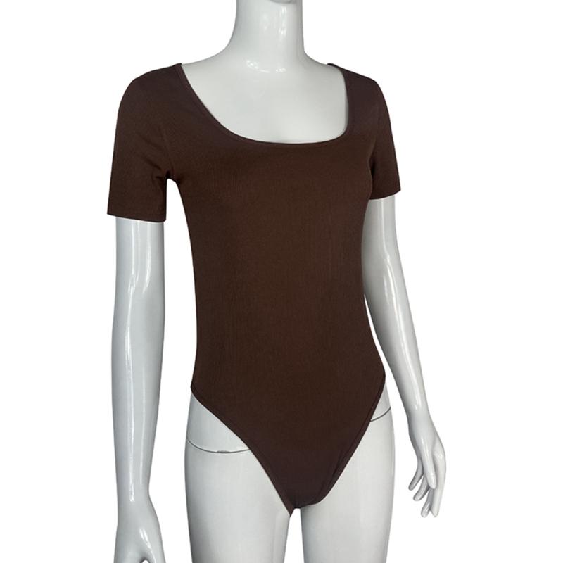 Women's Square Neck Bodysuit Ribbed Short Sleeve Sports Yoga Shapewear