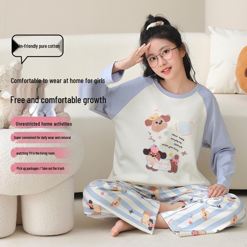 

2026 Cotton Pajamas for Teen Girls, Long Sleeve, Middle Schoolers, Spring/Autumn, Home Wear, Big Kids Set 170 (recommended 140-160 jin)