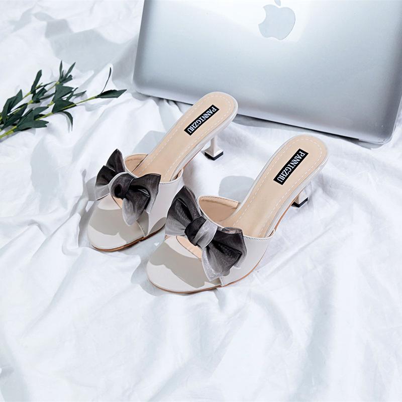 Rhinestone Transparent High Heel Bow Sandals 2024 Summer New Style Goddess Thin Heel Fashion Half Slippers for Outwear