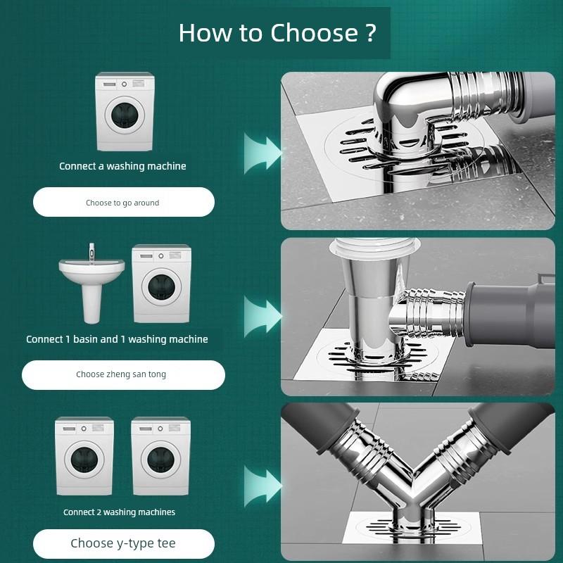 Washing Machine Drain Pipe Three-Way Connector for Floor Drain, Anti-Odor and Anti-Insect Bathroom Diverter, One-To-Two Splitter
