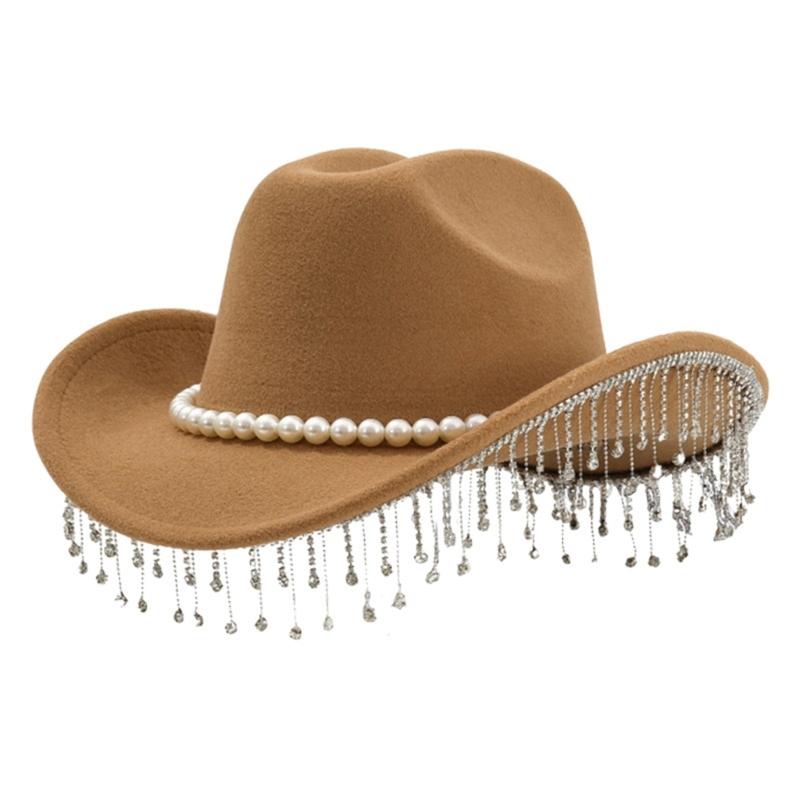 Sparkling Rhinestones Belt Western Cowboy Hats In Comfortable Woolen For Music Festivals And Outdoor Adventures