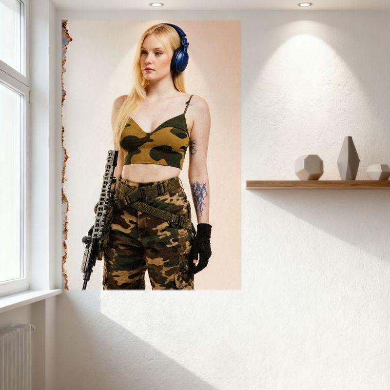 Sexy Blonde Woman with Camo Outfit Holding Gun Tin Sign Vintage Metal Poster for Bar Pub Home Cafe Wall Decor 8x12 Inch