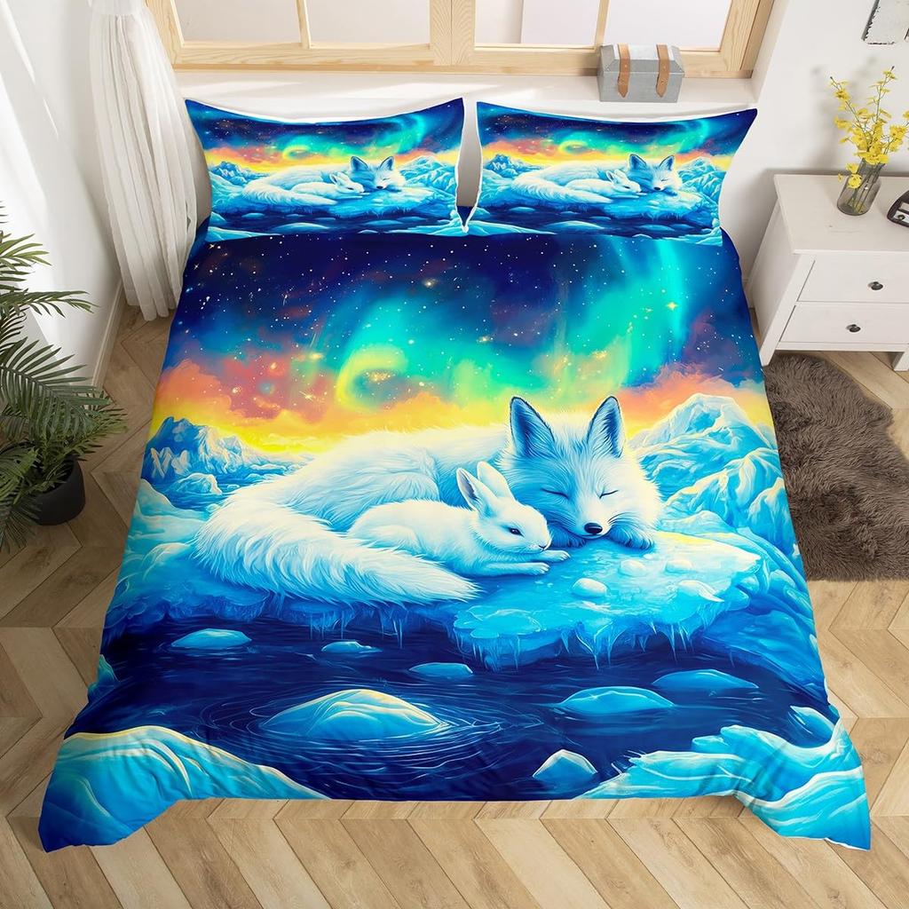 Cute Animal Duvet Cover Set Twin Queen Rabbit Fox Rustic Bedding Set, Starry Sky Galaxy Northern Lights Dreamy Comforter Cover