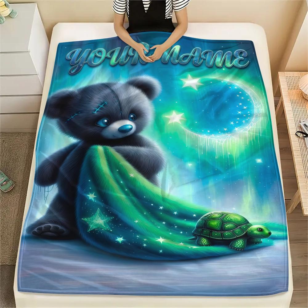 1PC Custom Name Forest Bear Heart Patterned Flannel Blanket Suitable For All Seasons for Home Decor Warmth and Comfort Gifts Holiday Present_lx