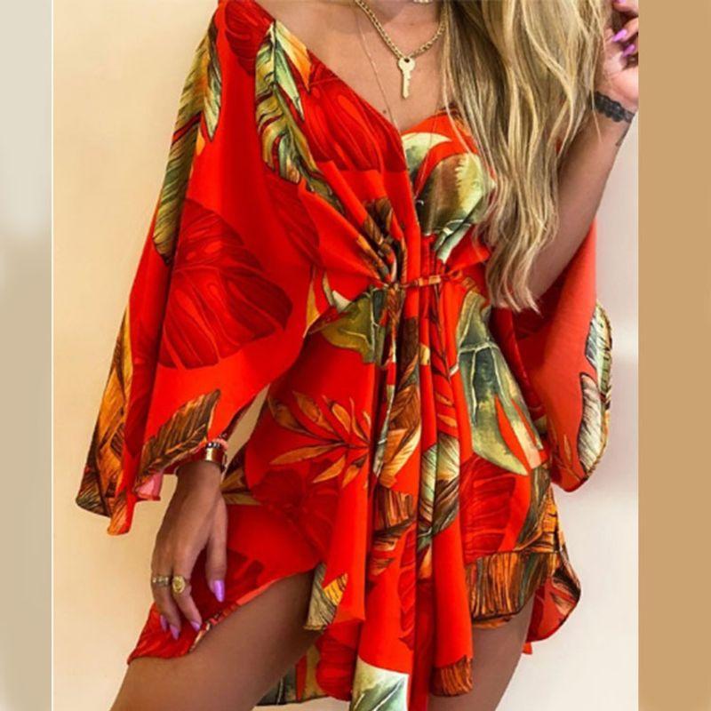 

V-neck Irregular Bat Sleeve Dress V Neck Asymmetrical Bat Sleeve Dress Big Red Print XXXL