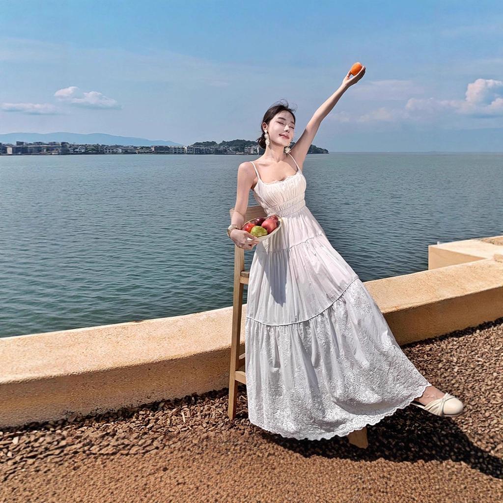 New super fairy seaside vacation white design embroidered suspender dress long dress