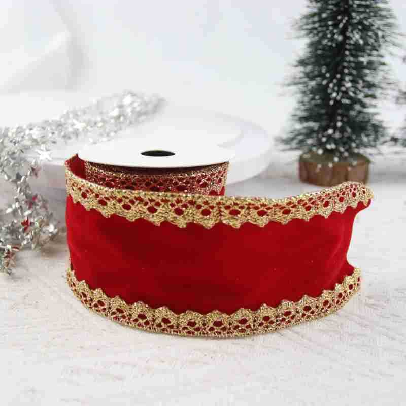 Maßgeschneidertes kabelgebundenes Weihnachts-Samtband mit exquisiter goldener Kante, metallisches Samtband zur Dekoration