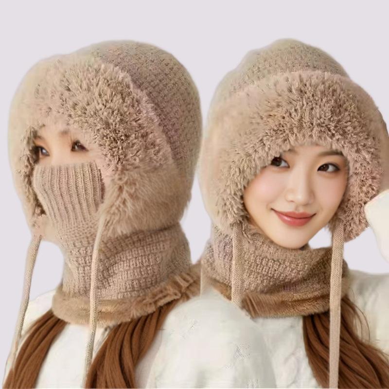 

Deluxe Fleece Lined Winter Cycling Beanie for Women with Integrated Face Mask Scarf and Neck Warmer Hood Set 1PCS хакі