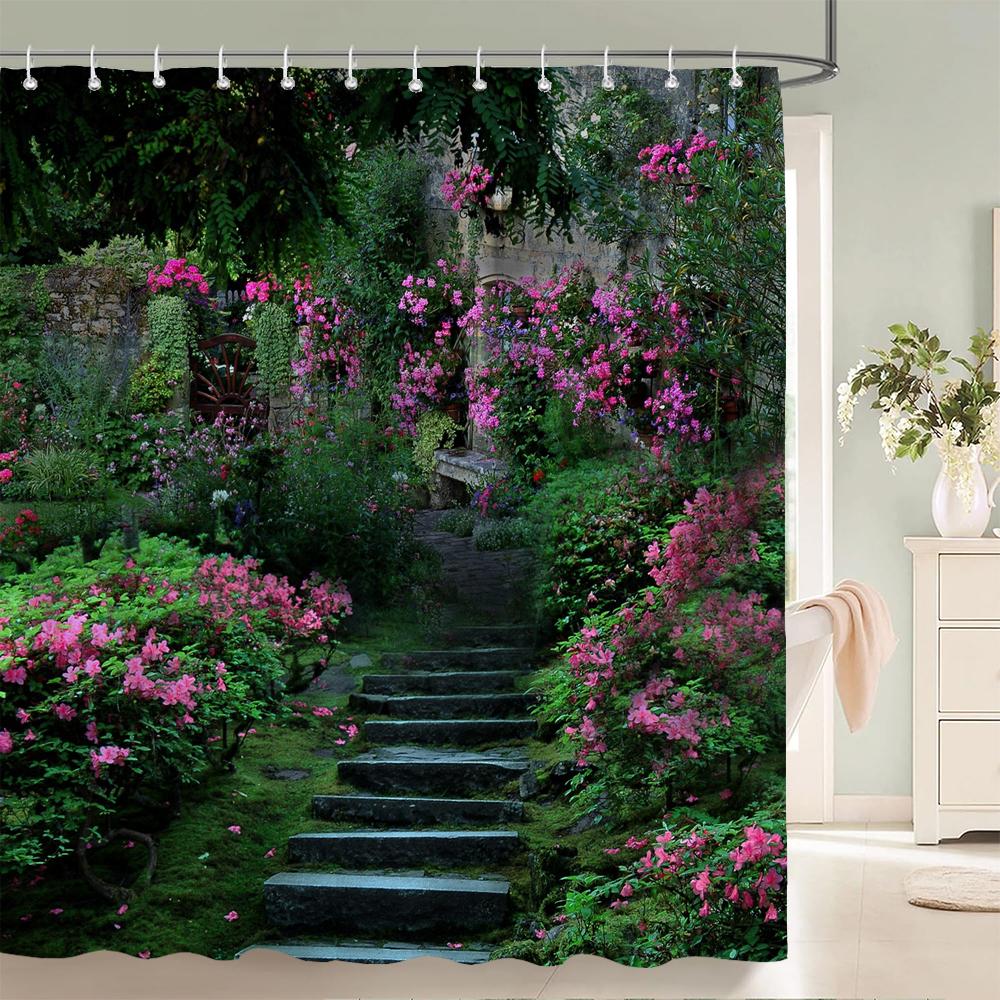 3D Prachtig Kleurrijk Bloemenlandschap Print Badkamer Waterdicht Douchegordijn Polyester Gordijn Huisdecoratie Gordijn