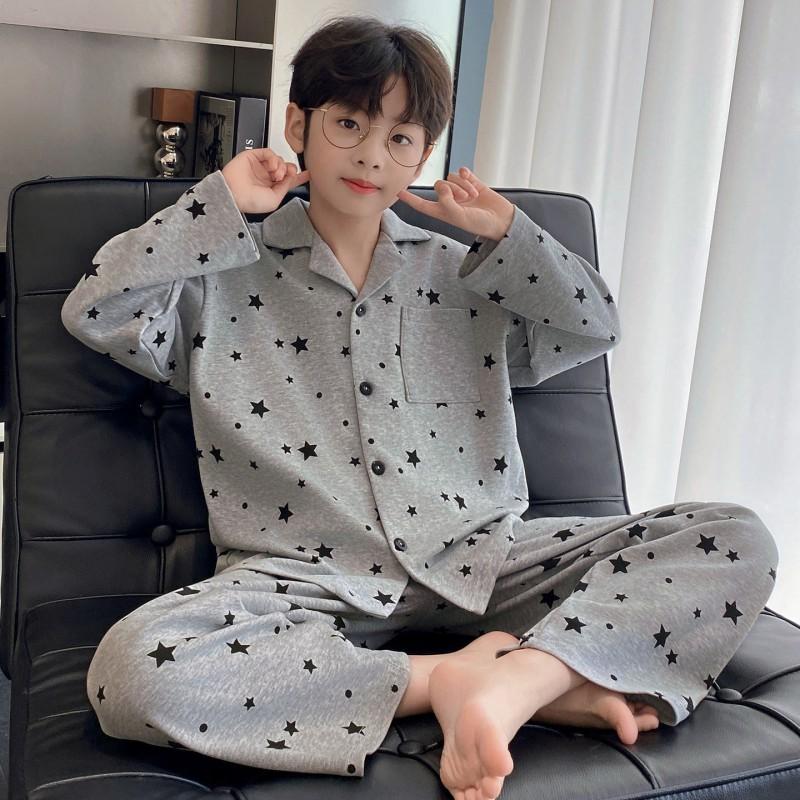 Boys Cotton Pajama Set Long Sleeve Open Front Cartoon Print Home Wear Kids Teens