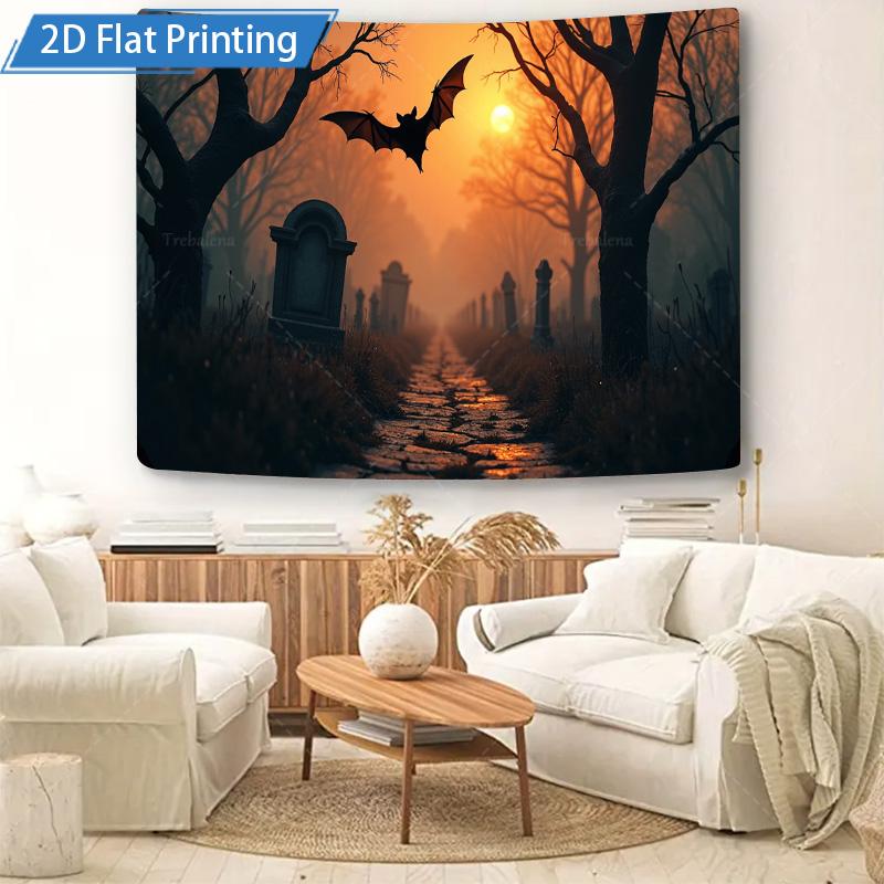 1pc Wall Tapestry Gothic Cemetery Tapestry with Bat and Sunset, Halloween Decor Art