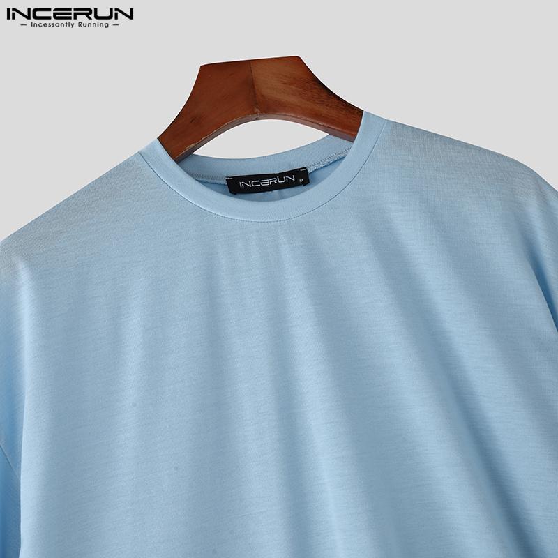 INCERUN S-XXXXXL Men O Neck Short Sleeve Patchwork Ruffled Hem Loose T-shirts