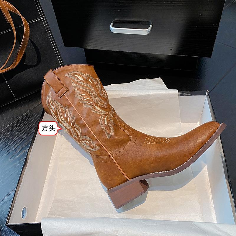 Cowhide version~ Genuine leather western cowboy boots women's embroidered knight boots Chelsea Martin boots medium tube Maillard boots