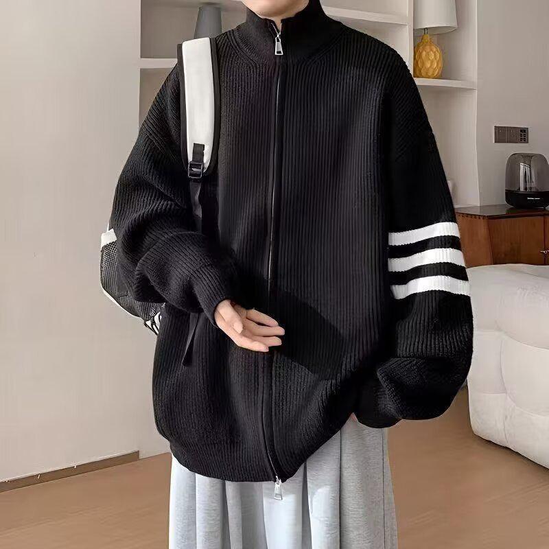 

Men s Stand Collar Cardigan Sweater with Three Stripes Zipper - Autumn/Winter High-End Knitwear. Large чорний