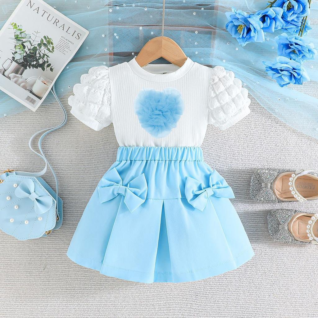 New Girls' Puff Short Sleeve Top with Heart Bow Short Skirt Set Fashion Set