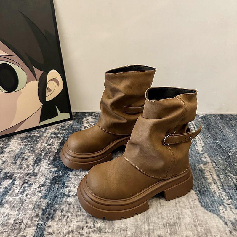 Short Boots British Style Platform Martin Boots Women's New Boots Beautiful Spring and Autumn Brown 2025 Heightening Rad Trousers