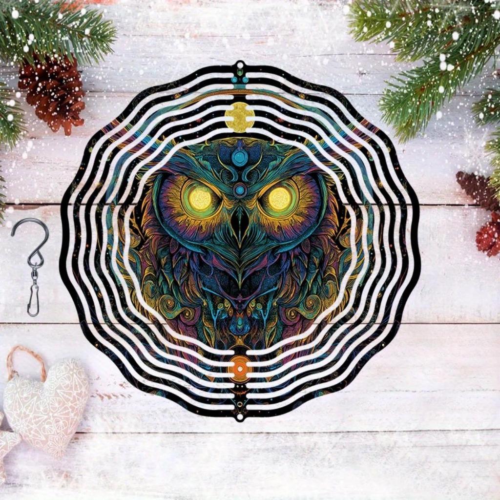 1 Stück Mandala-Stil 3D Dunkle Nacht Eule Metall Windspiel - 360° Drehende Gartendekoration mit Lebhaften Farben, Kein Strom Benötigt