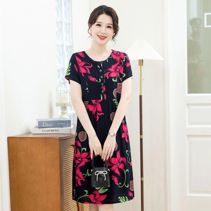 New Arrival Summer Cotton-Silk Knee-Length Loose Plus Size Short-Sleeved Dress for Mom