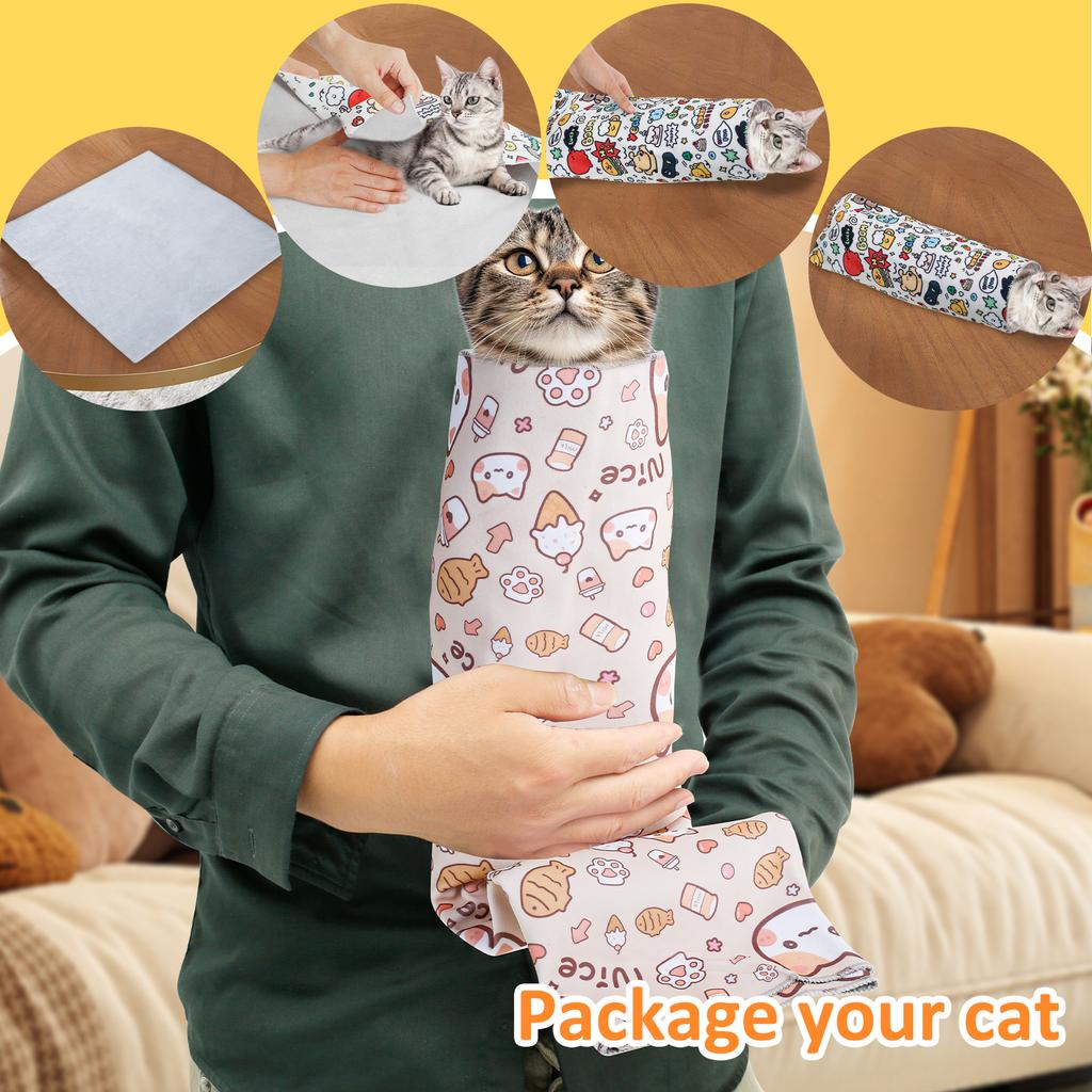 2Pcs Cat Restraint Wrap Nylon Self-Adherent Cat Grooming Wrap With Cartoon Print Anti Escape Anti Scratch Cat Nail Cutting Wrap