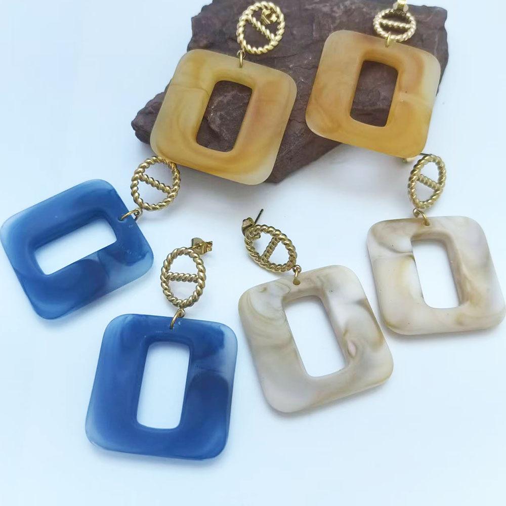 Marble Texture, Hollow Geometric Square, Pendant, Stainless Steel Earrings, Women's Earrings, European and American Retro Fashion Elegant