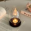 Glass Candlesticks With Cup Cover Transparent Round Candle Holders Home Decor With Wood Base Table Decoration Ornaments Wedding