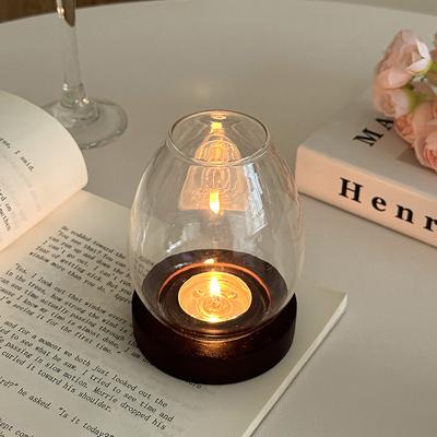 Glass Candlesticks With Cup Cover Transparent Round Candle Holders Home Decor With Wood Base Table Decoration Ornaments Wedding