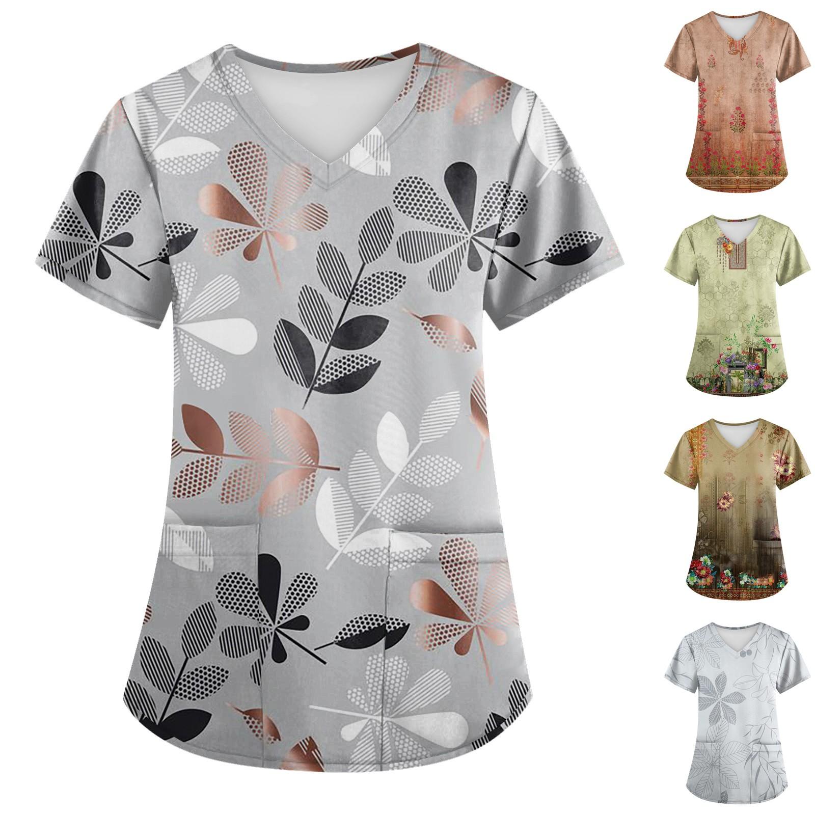 

Плюс размеры, рабочая форма в стиле ретро с принтом, топы для женщин, забавные футболки с перекрестным v-образным вырезом и короткими рукавами, рабочая одежда, футболка с карманами