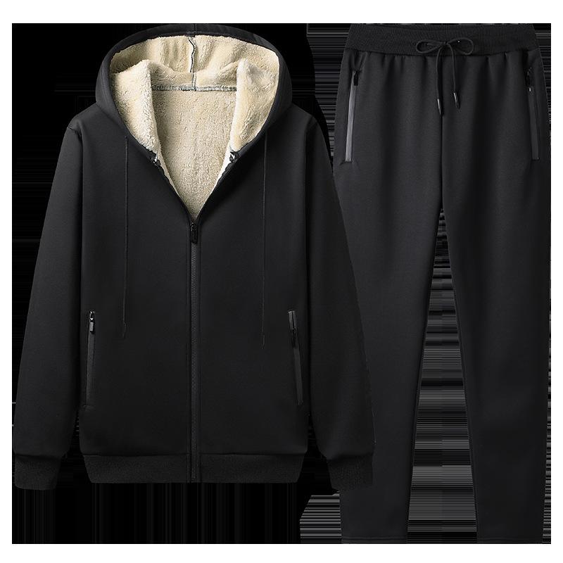 Tuta Invernale da Uomo con Cappuccio Sherpa - Spessa, Tinta Unita, Manica Lunga, Set Pantaloni Casual Caldi