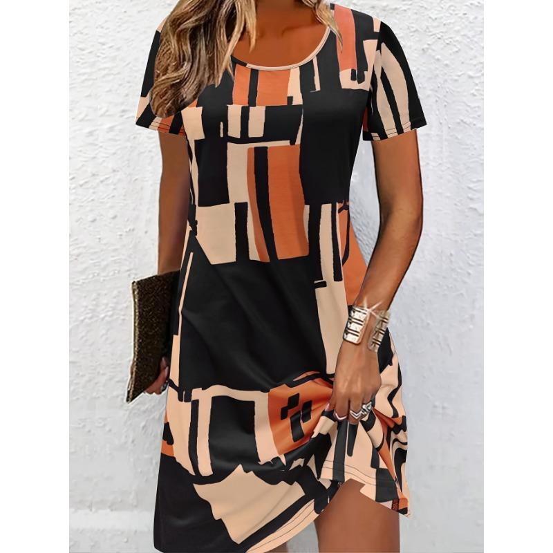 Women's Summer Short-Sleeve Minimalist Color-Blocked Dress—Loose-Fitting Breathable Fashionable Casual Beach Dress