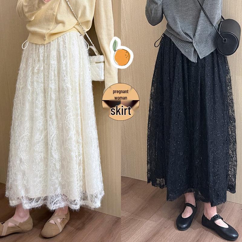 2026 Korean Style High-Waisted Lace Maternity Midi Skirt - Versatile Age-Reducing Spring/Summer Fashion M