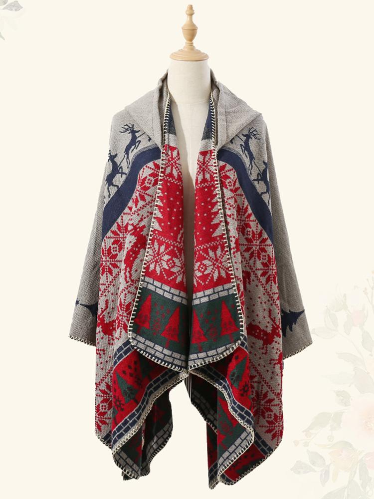Winter Women Men Scarf Layers Poncho Hooded Retro Print Wraps Shawl Scarve Capa Para Mujer Pashmina Cloak New Unisex Christmas