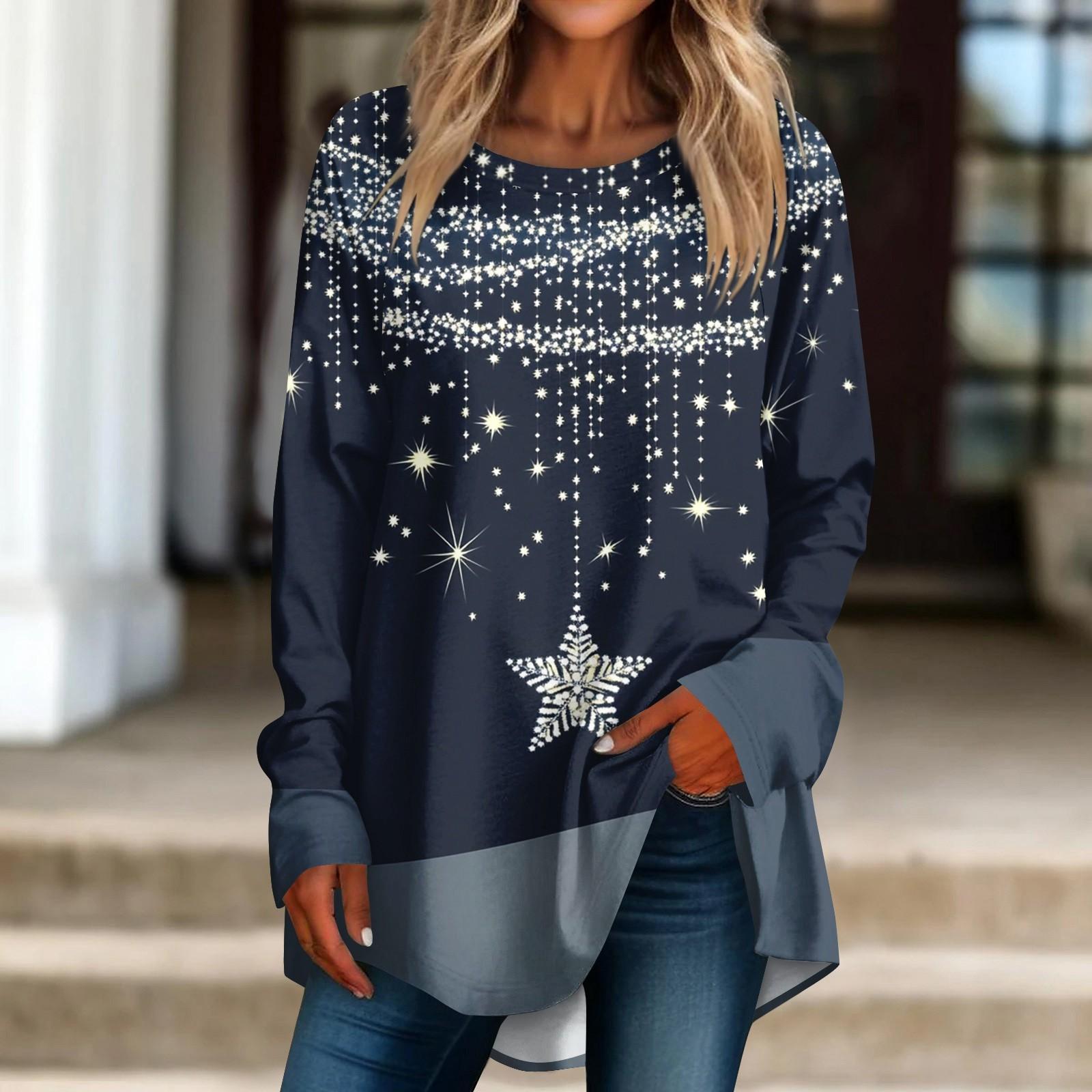 Женская повседневная футболка больших размеров с длинными рукавами и круглым принтом — фото 9