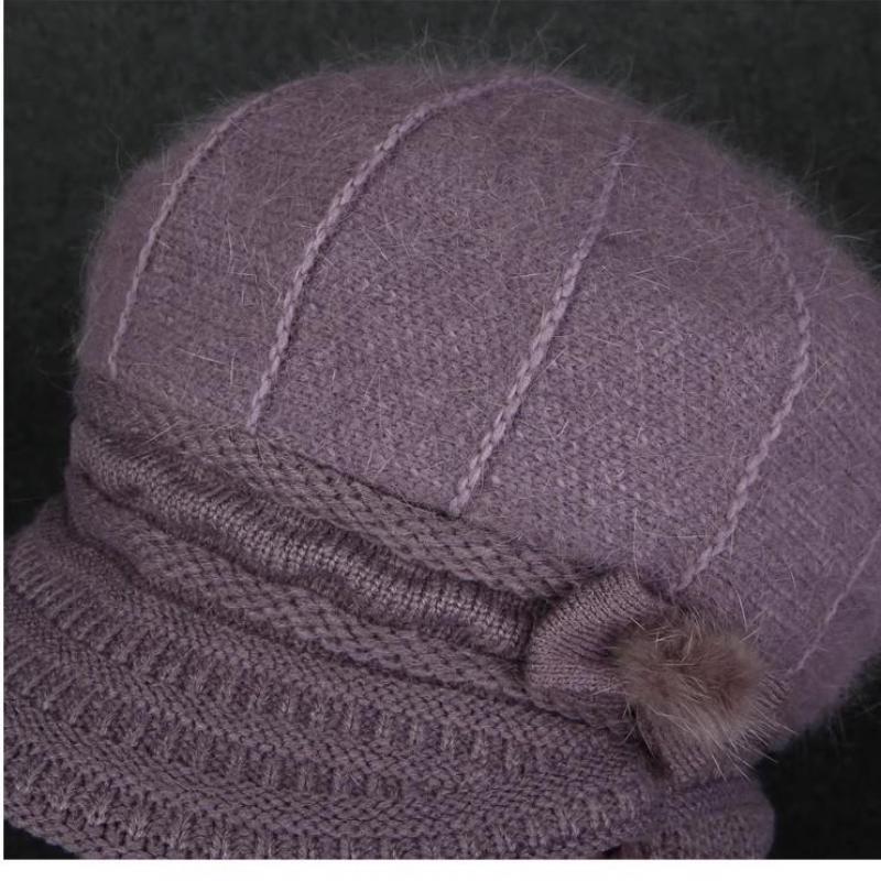 Women'S Rabbit Fur Winter Hat Scarf Combo Windproof Ear Protection For Mothers Thickened Knitted Beanie For Outdoor Riding Gift