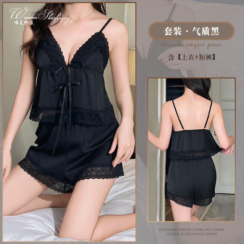 Beautiful yarn sexy women's ice silk suspender shorts set front lace-up pure desire wind belt chest pad lace suit
