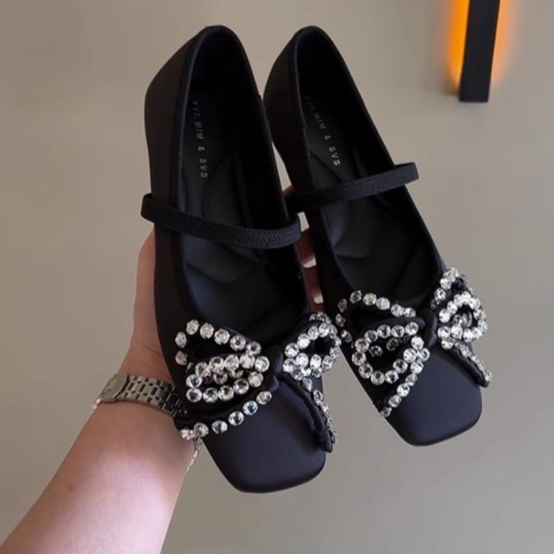 Fashion Square Head Shallow Mouth Diamond Butterfly Knot Flat Shoes Spring New Soft Sole Anti-slip Wear-resistant Single Shoes