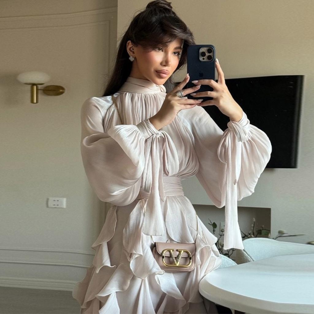 LYRIA Shinny Ruffles Hem Maxi Dress A Line Long Sleeve Slim Fit Party Long Robes Lace Up Luxury Club Vestidos Lady Gowns