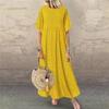 Women Casual Summer Beach Sundress Maxi Long Dress Short Sleeve Crew Neck Dot Print Pleated Swing