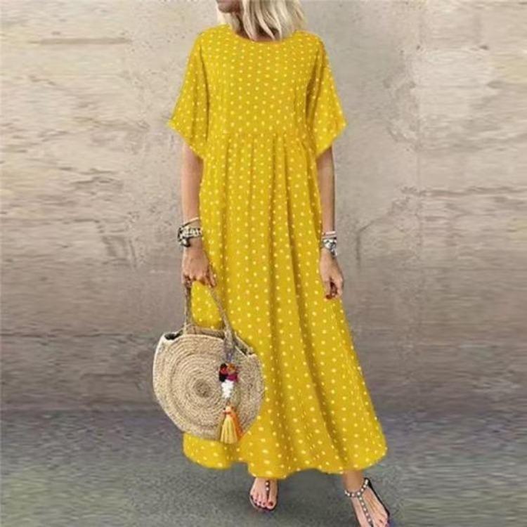 Women Casual Summer Beach Sundress Maxi Long Dress Short Sleeve Crew Neck Dot Print Pleated Swing