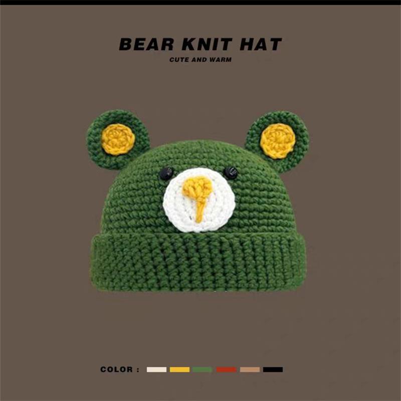 

Handmade crochet cute bear wool hat women s autumn and winter cartoon warm men s and women s versatile knitted hat tide M（56-58cm） зелений