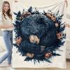 Bohemian Black Bear Floral Print Heavyweight Flannel Throw Blanket Soft Quilted Bedspread for All Seasons