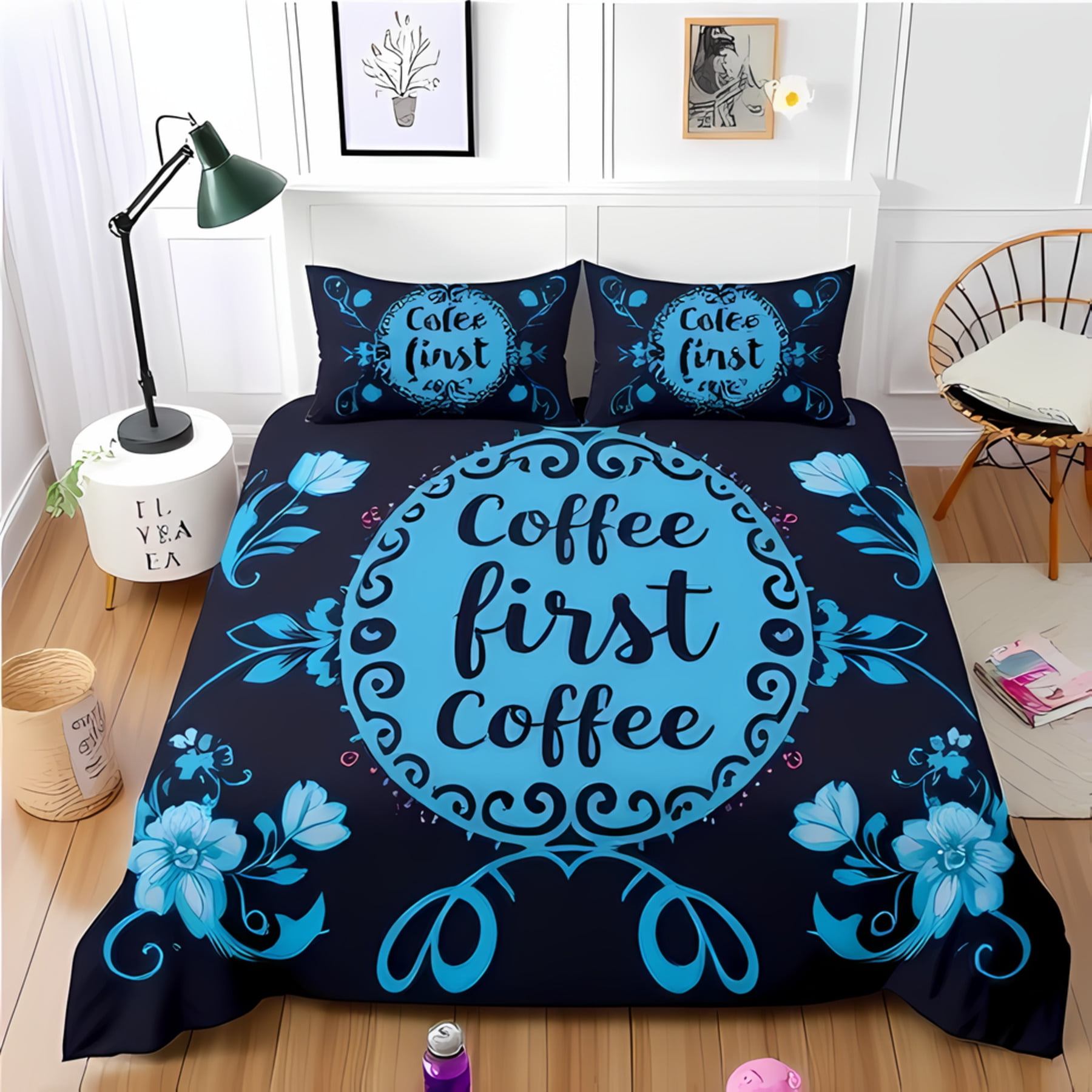 

Cofe Lover Soft Duvet Cover Set Bold COFE Design featuring Steaming Cups Flowers Beans on Black Background Warm Soft plus Breathable 135*200cm Eu-Single