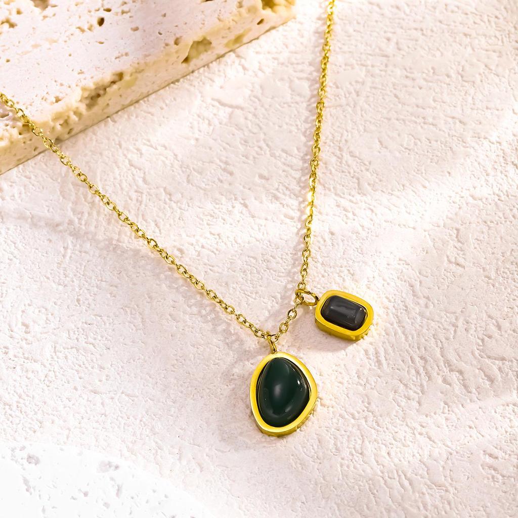 Green & Black Agate Double Pendant Necklace - Elegant 2026 Design, Colorfast Summer Clavicle Chain for Women