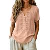 Women V Neck Embroidered Short Sleeve Blouse Casual Loose Fit Button Front Summer Top Lightweight Comfortable Shirt