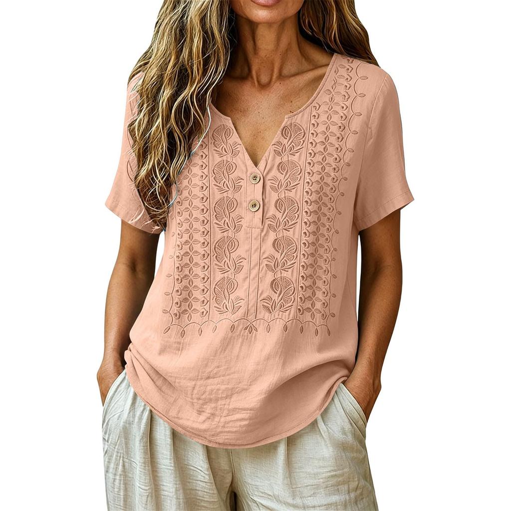 Women V Neck Embroidered Short Sleeve Blouse Casual Loose Fit Button Front Summer Top Lightweight Comfortable Shirt